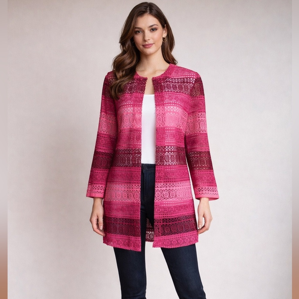 MISOOK Women’s Pink Crochet Open Cardigan Jacket Heritage Fit Medium NWT